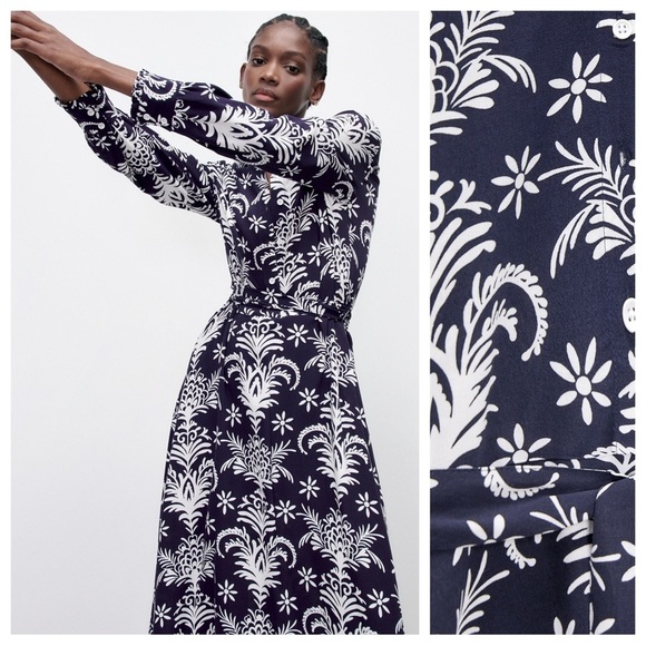 NWT. Zara Blue/White Printed Midi Dress with Belt. Size M. - Picture 3 of 10